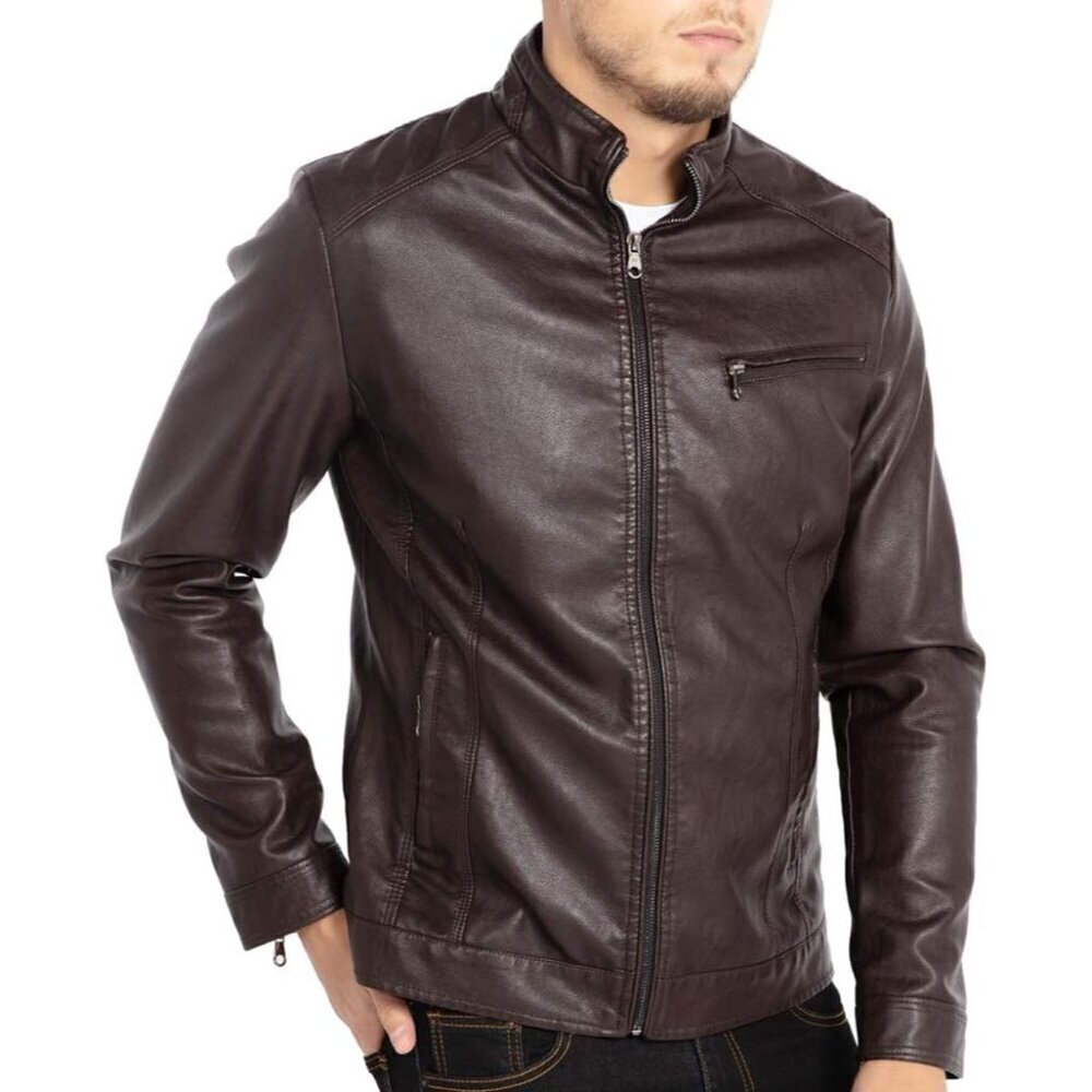 🆕 Men Black Stand Collar Leather Jacket Motorcycle Lightweight Faux Outwear